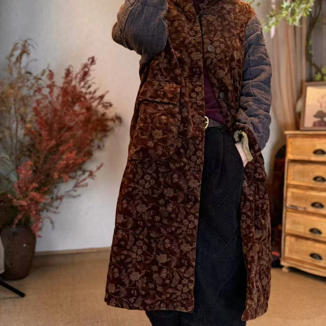 女镂空长款宽松型棉服纯色单排扣保暖中长款长袖