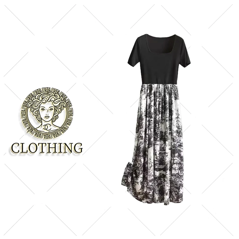 【CLOTHING/原创设计】美舒尚衣拼接水墨画印花高腰百搭连衣裙83035