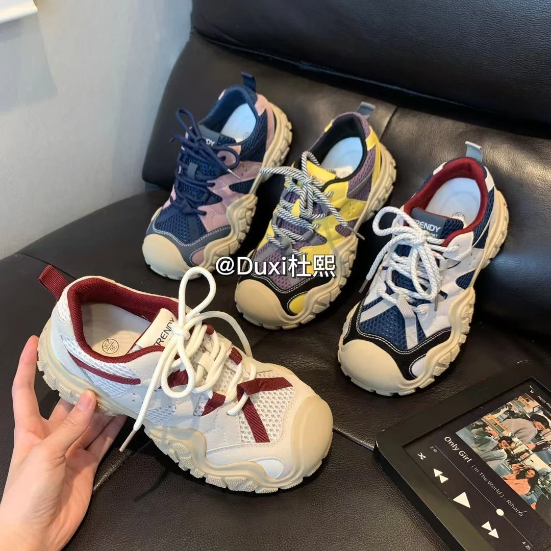 Duxi杜熙2025新款复古拼色废土风户外休闲透气运动鞋厚底老爹鞋女