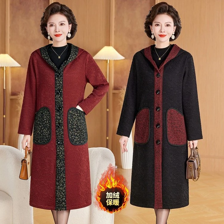 【正品原版】中长款冬季连帽长袖风衣宽松加绒保暖加厚洋气妈妈装