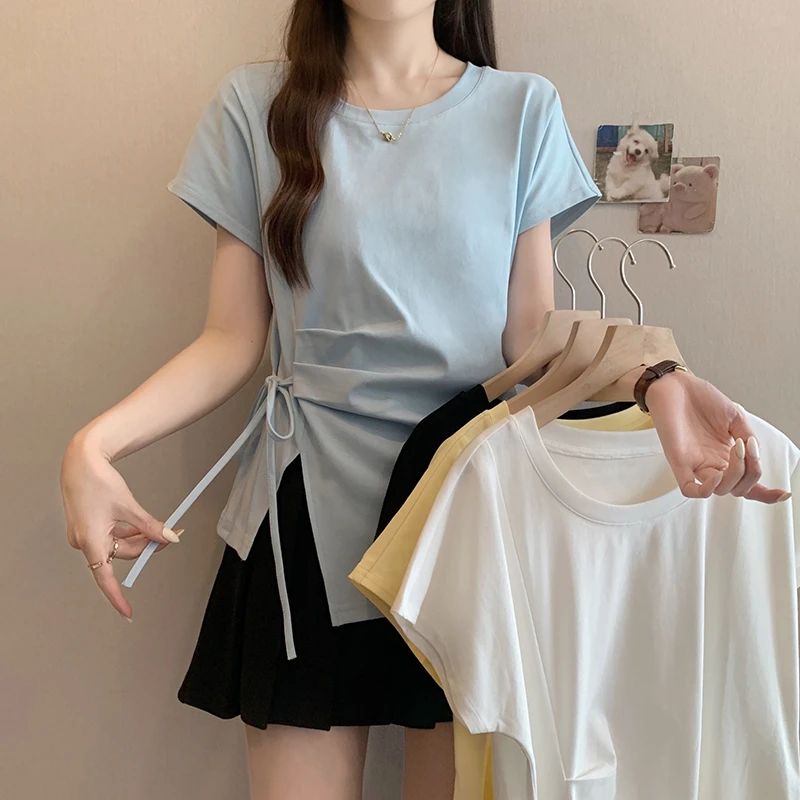 2025夏装新款胖mm大码女简约圆领褶皱立体蝴蝶结百搭显瘦短袖T恤