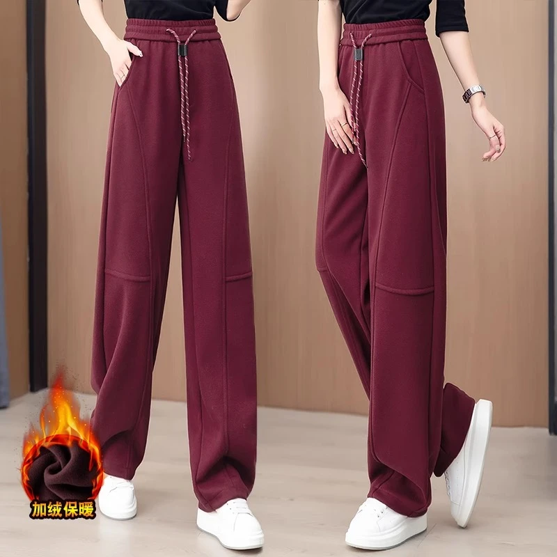 加绒加厚休闲卫裤女安可拉红2024冬季新款松紧高腰保暖阔腿香蕉裤