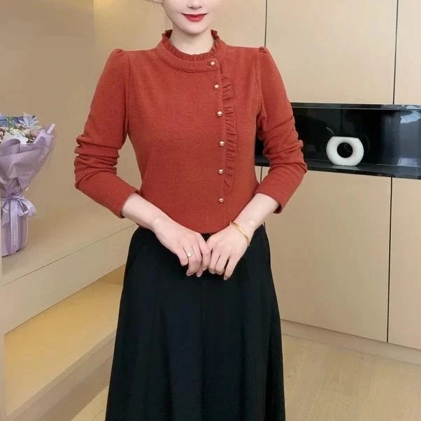 秋冬洋气木耳边加绒保暖长袖女士百搭显瘦衬衣小衫纯色打底衫上衣