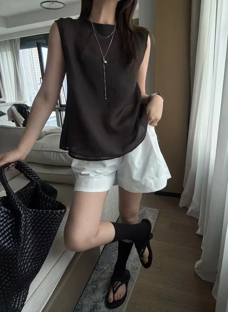 气质显白咖色网纱无袖夏季轻薄舒适透气宽松休闲女上衣