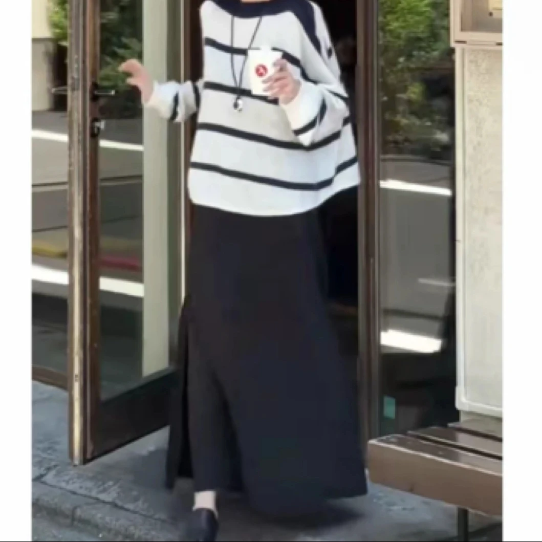 时尚洋气早秋百搭条纹长袖秋冬针织上衣搭配高腰半身裙女款