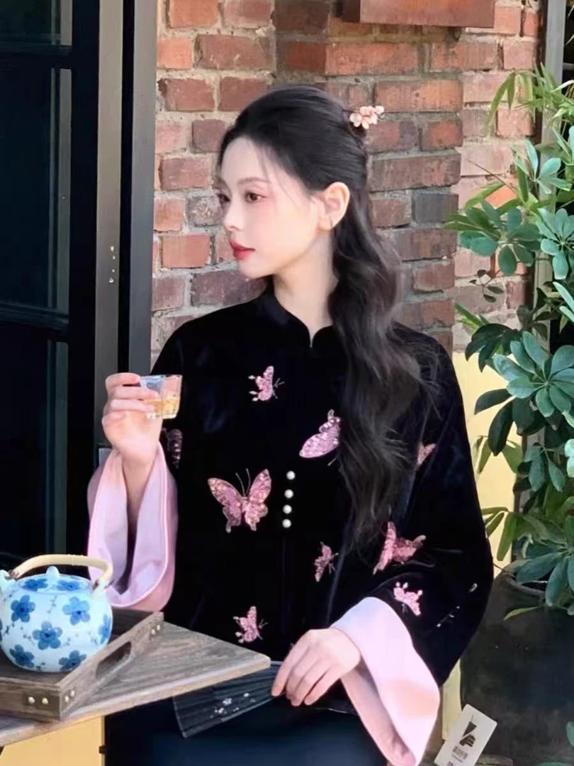 蝴蝶秋冬季休闲风常规款女外套时尚春夏外套中国风鹅绒外套GF020