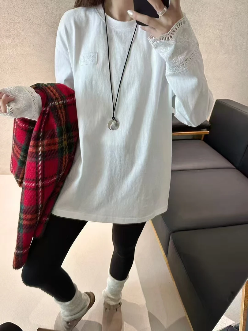 65棉白色镂空拼贴袖口T恤长款遮肉显瘦韩系设计感