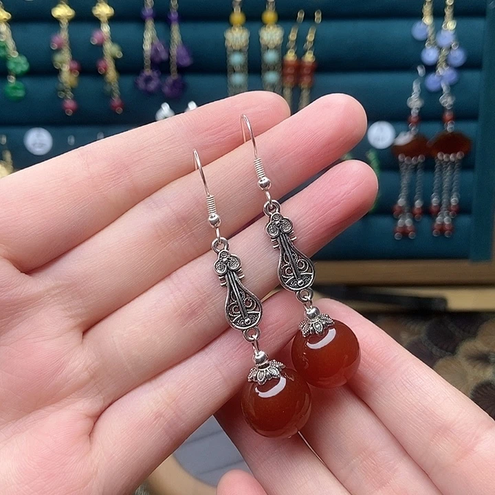 石英质玉耳钉银S925镶嵌