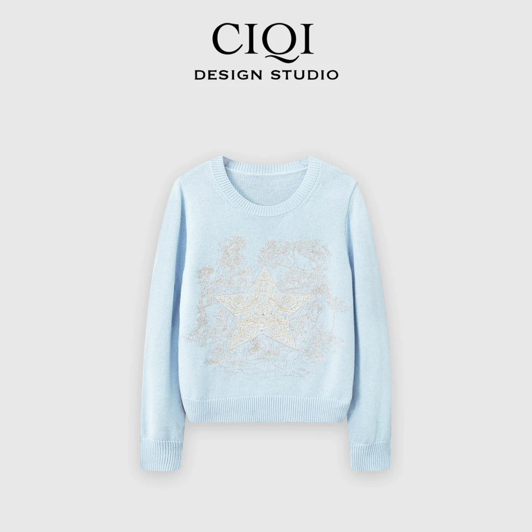 CIQI STUDIO【星动信号】早秋羊毛重工刺绣圆领长袖针织衫DY251013