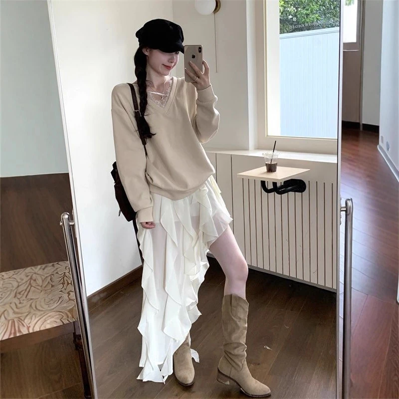 网纱结拼接V领卫衣女2025秋季不规则仙女半身裙温柔风套装洋气