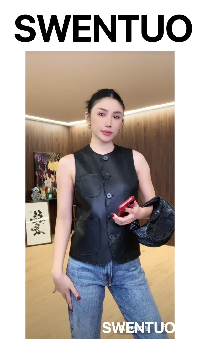 SWENTUO.小众设计款百搭伴侣羊皮明线皮马甲