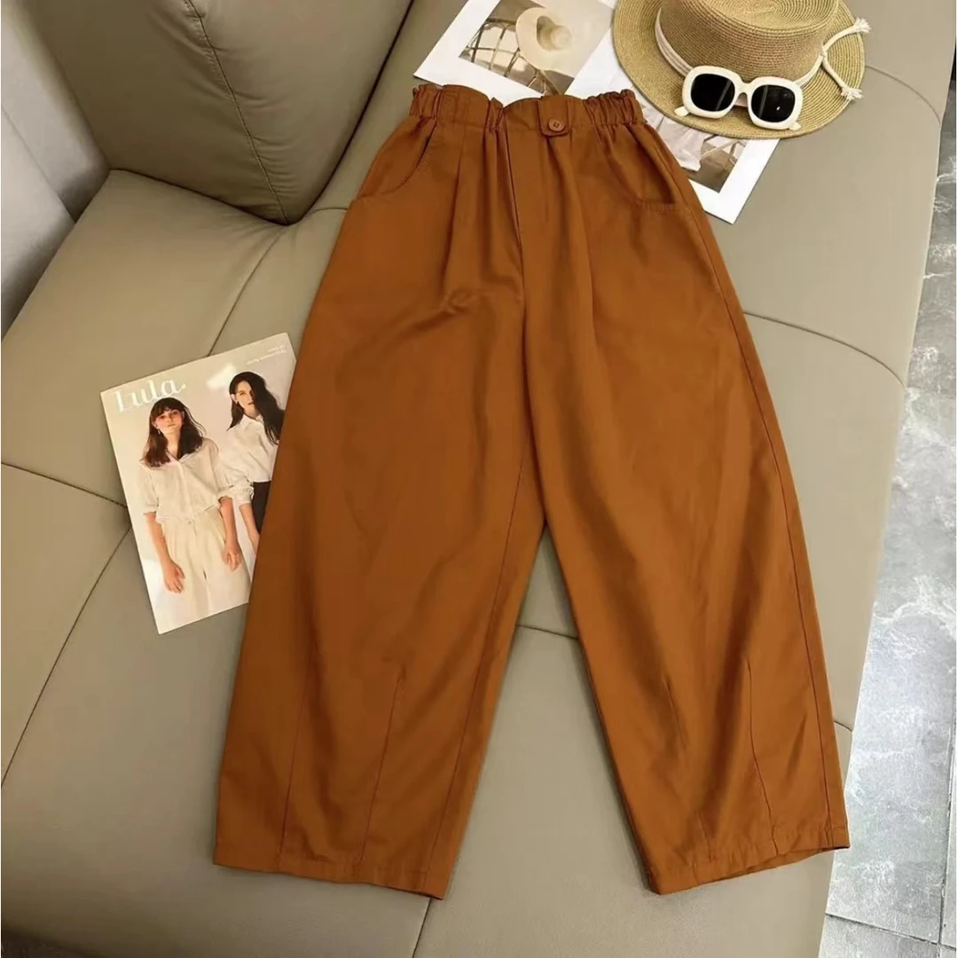 2025年纯棉花苞裤夏季百搭萝卜裤高腰韩系显瘦简约直筒九分裤