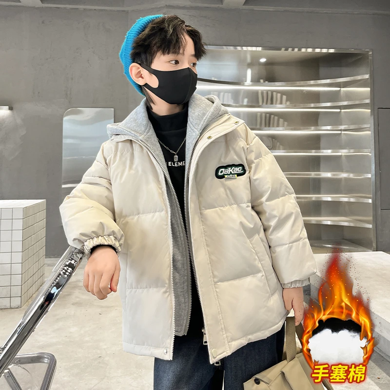2025新款冬季棉服男童连帽假两件棉衣中大童加厚连帽外套韩版保暖