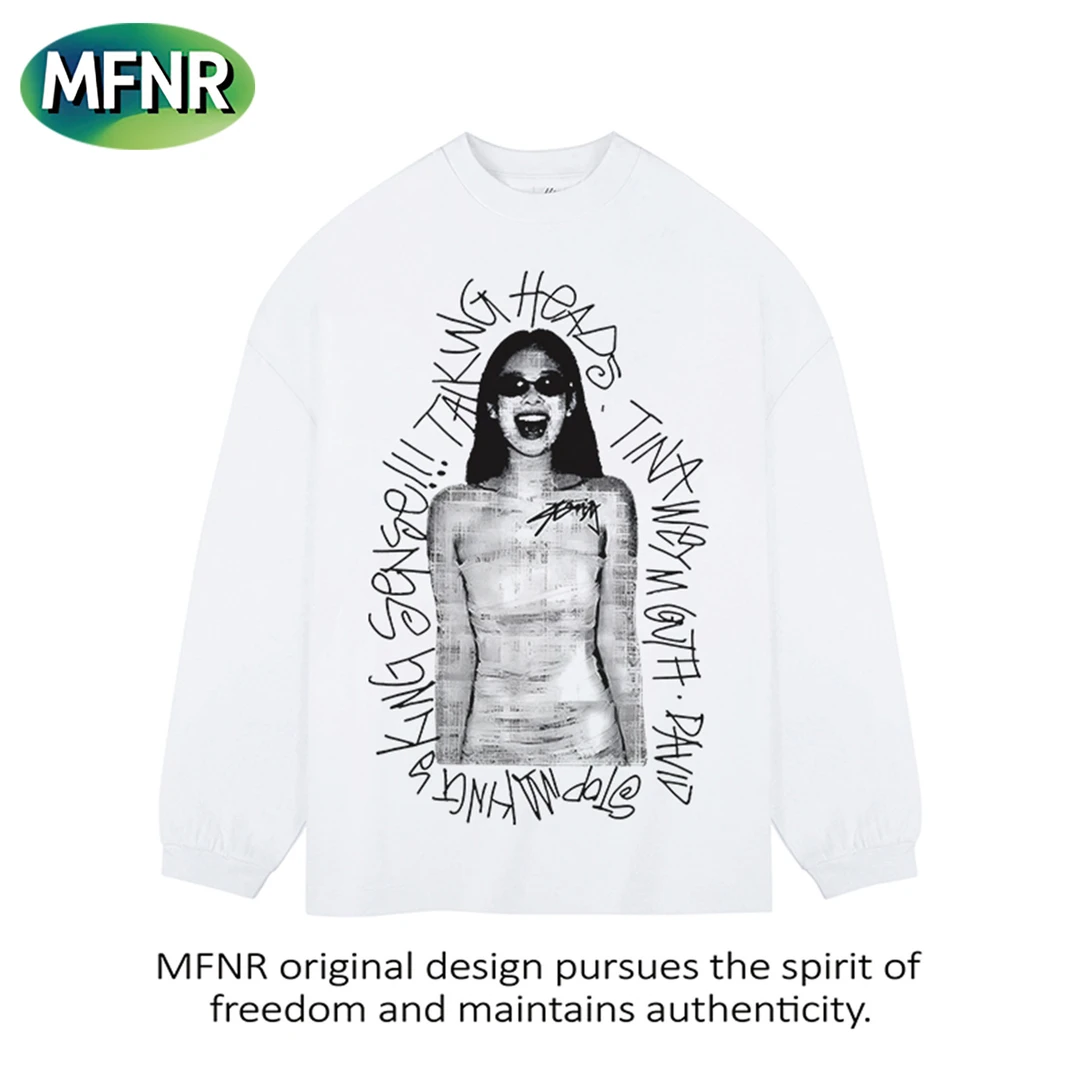 美式复古人物字母印花长袖男女秋冬情侣重磅纯棉圆领打底T恤上衣