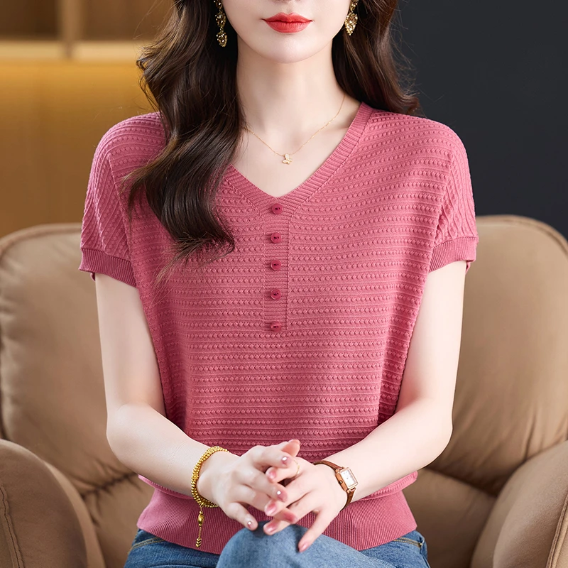 夏季新款时尚百搭V领冰丝T恤气质减龄薄款纯色宽松显瘦短袖上衣
