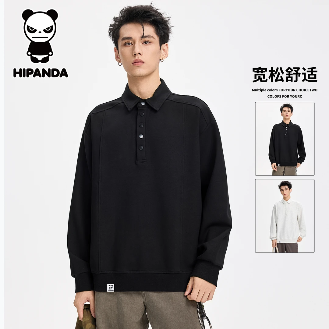 Hi Panda你好熊猫秋季美式长袖卫衣男士潮牌宽松百搭翻领休闲上衣