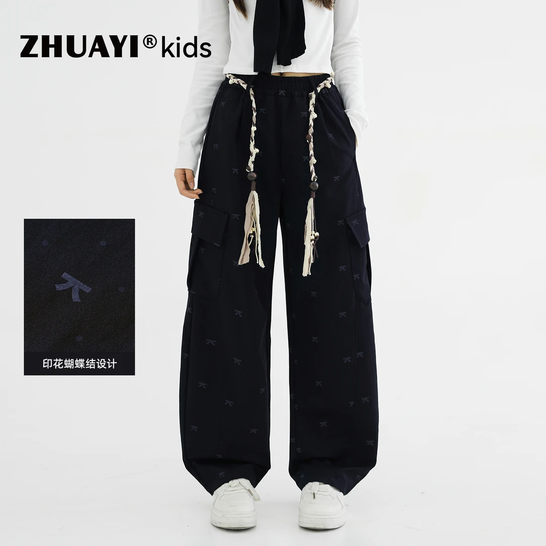 女大童满印蝴蝶结工装裤秋季新款时尚休闲裤宽松裤子（25309357）1