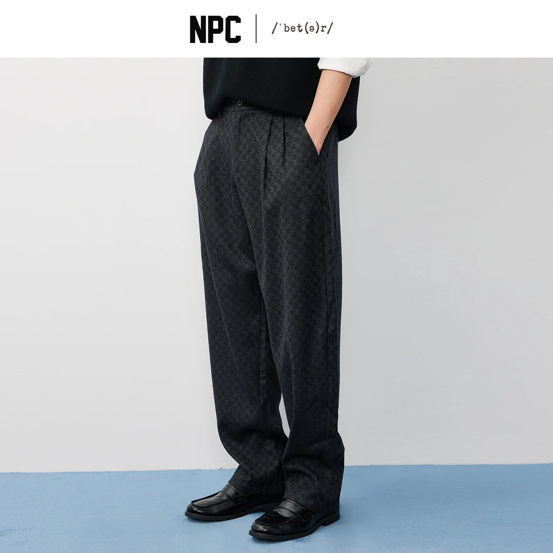 NPC潮牌100%绵羊毛暗纹棋盘格休闲弯刀裤立体剪裁男垂感NP57TR51