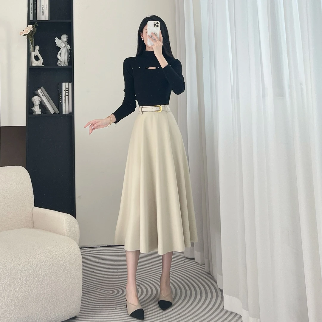 拉夏贝尔25秋季新款气质时尚半高领内搭长袖毛衣+皮裙 10150 LSC