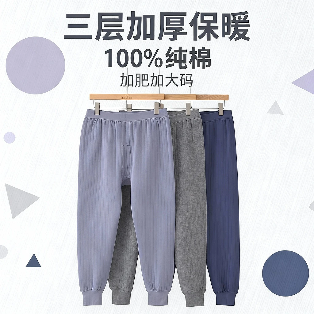 中老年人男士保暖裤三层加厚纯棉加肥加大码全棉弹力高腰深档秋裤