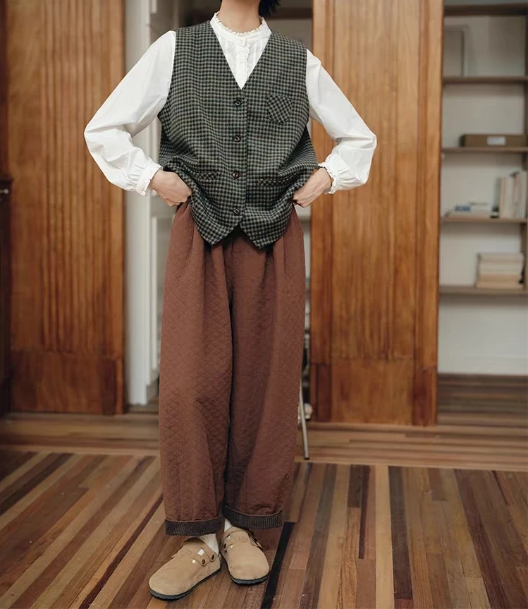 日系复古休闲百搭宽松格子马甲