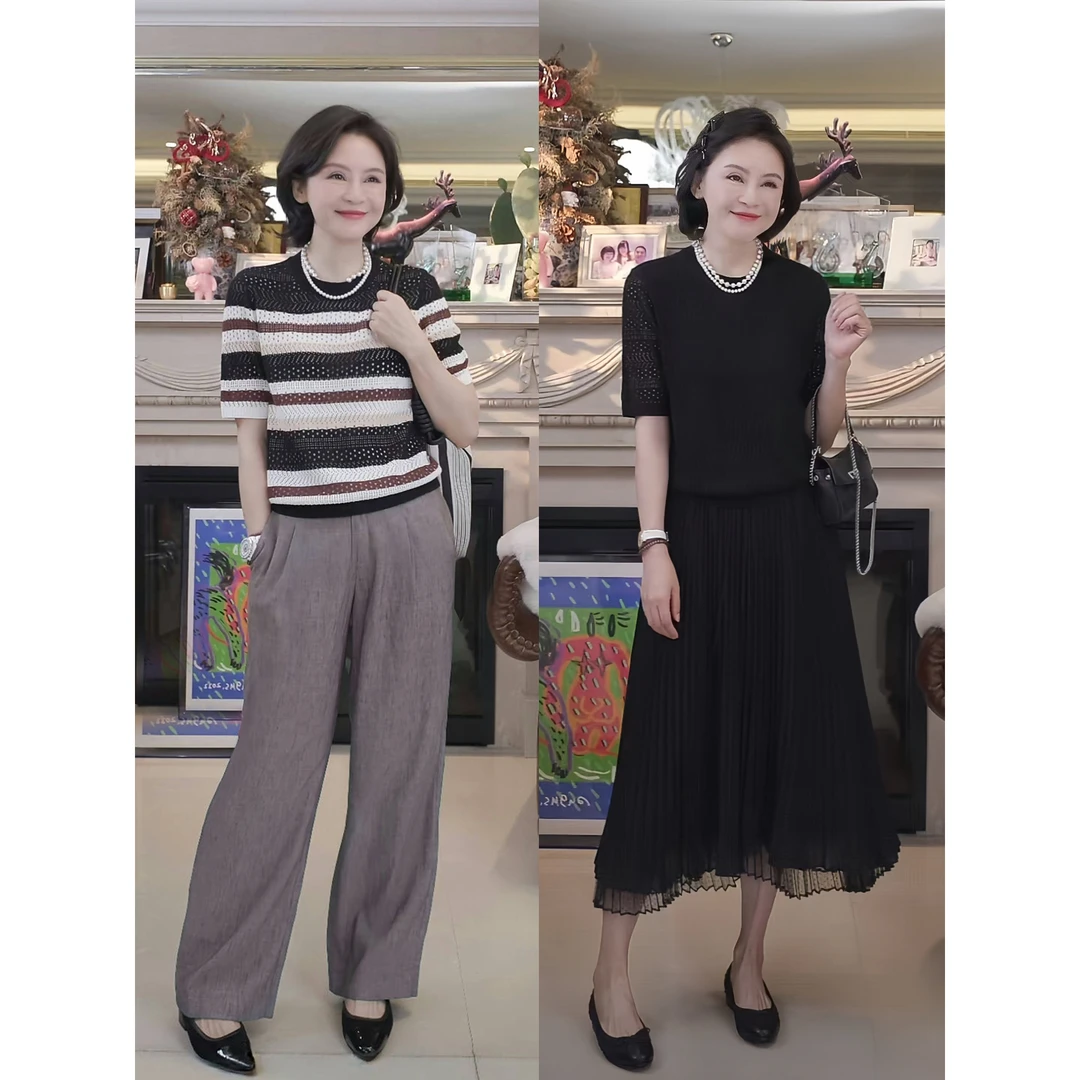 我是摩羯 布朗尼小衫 精美镂空条纹圆领短袖夏冰丝T恤上衣