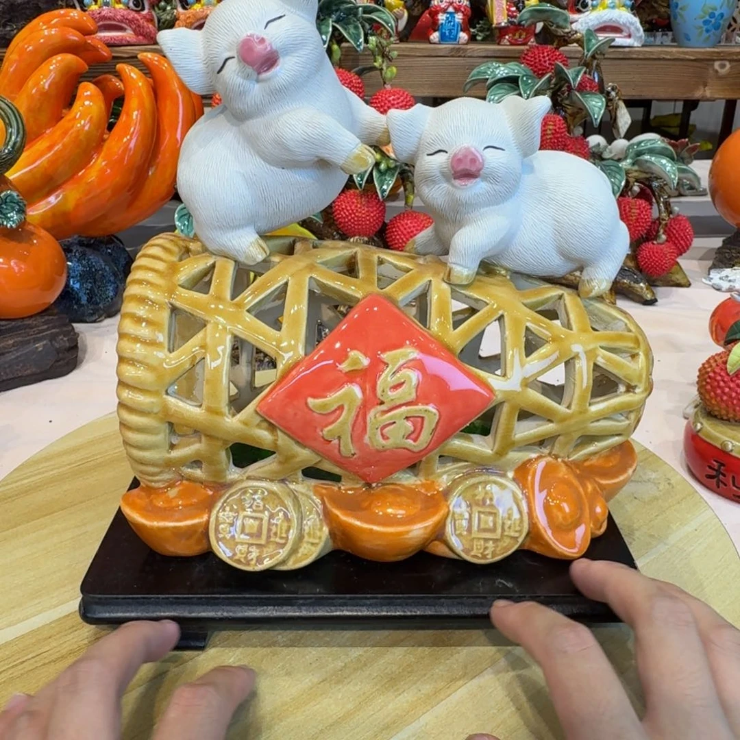 陶土猪笼入水摆件