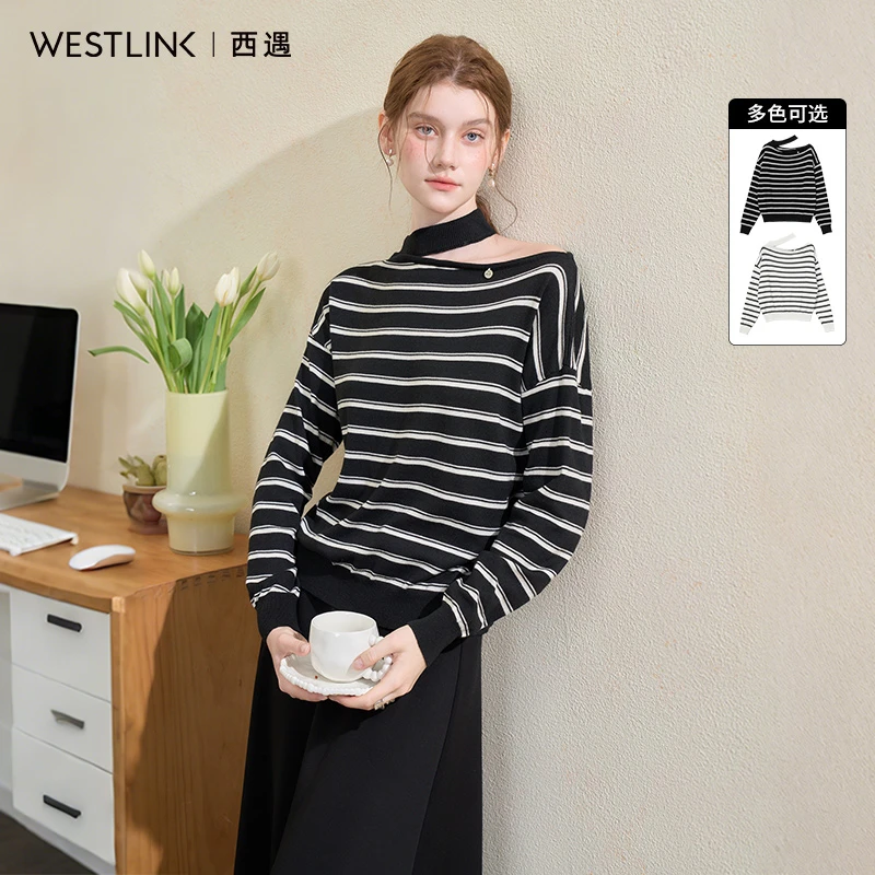 西遇挂脖露肩条纹针织衫女2025秋季设计感气质百搭打底衫长袖T恤