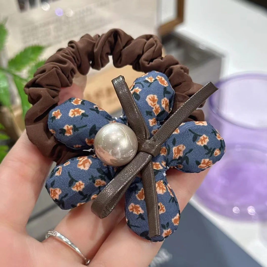 【蓝色多巴胺】新款韩系时尚蓝色碎花花朵贝珠高级感面膜发圈3669