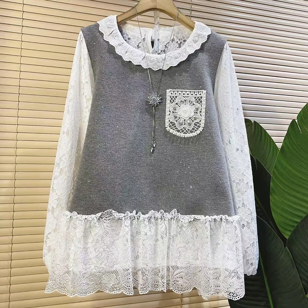 G胖mm欧货时尚新款亮闪闪减龄蕾丝两件套