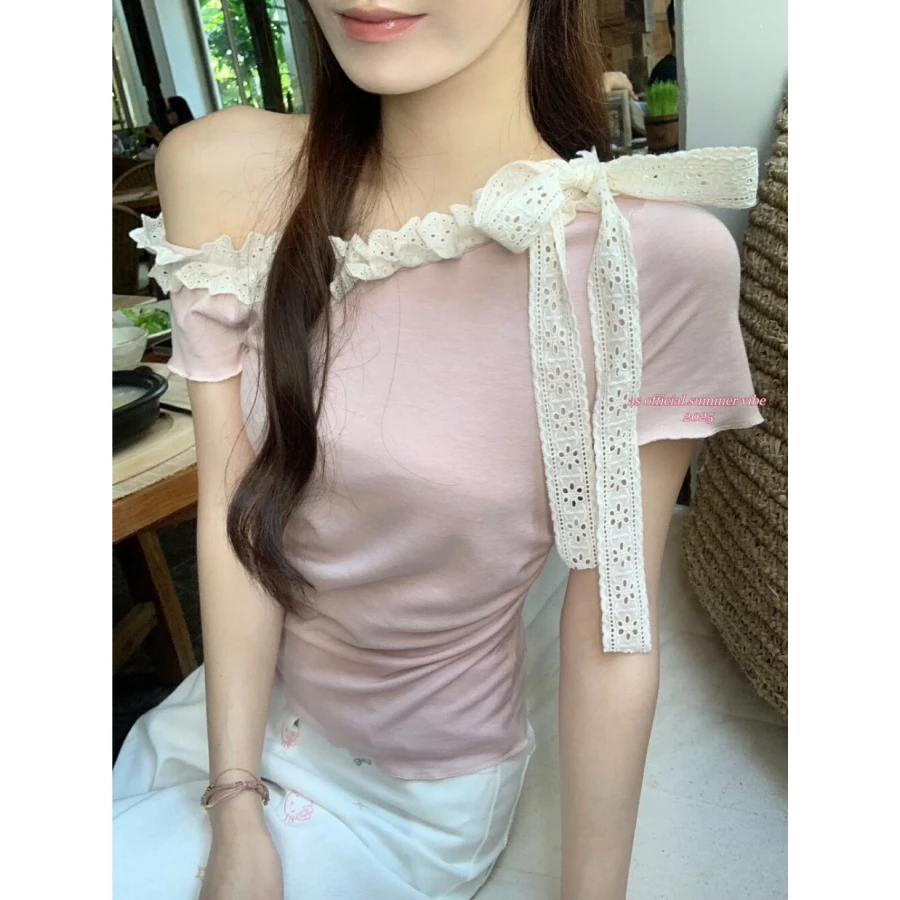 DANSHIER~纯欲风小心机露肩蕾丝边蝴蝶结系带收腰修身显瘦T恤