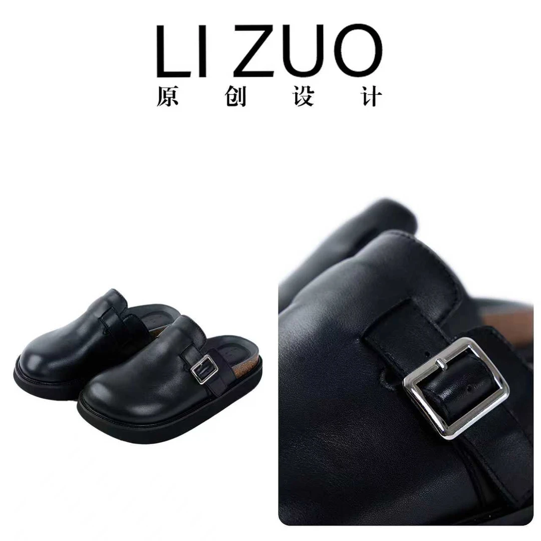 25年秋季新款时尚百搭油蜡小牛皮包头厚底勃肯半拖鞋懒人鞋10182