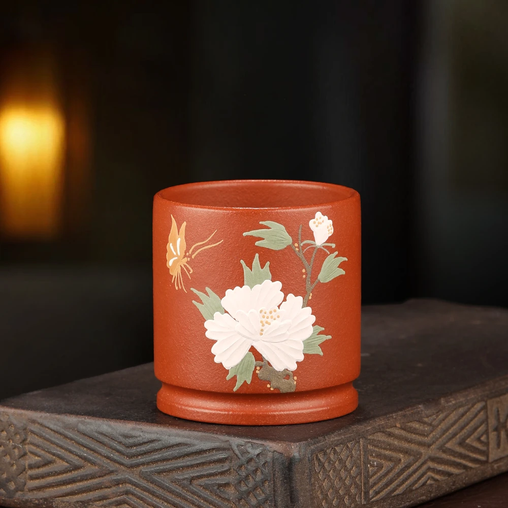 宜兴原矿紫砂主人杯 小红泥 手工泥绘 花开富贵