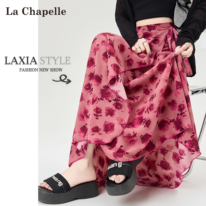 拉夏贝尔红色碎花雪纺半身裙女春季2025新款一片式系带中长包臀裙