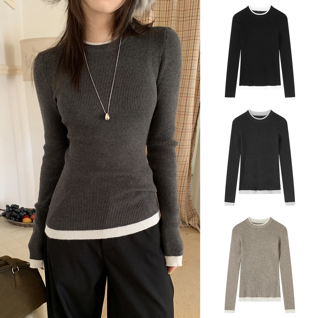 Miss sumeyY4036自制假两件坑条针织打底衫秋冬百搭休闲气质上衣