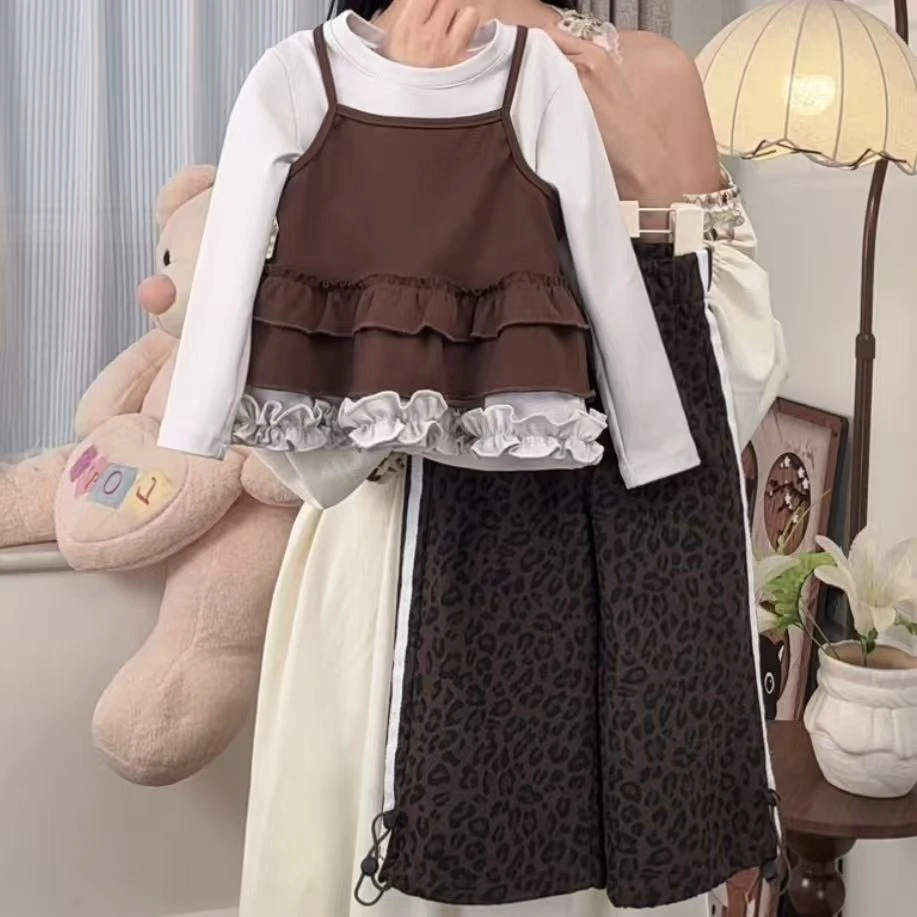 女童套装秋2025新款女孩洋气木耳边打底衫花边吊带儿童豹纹休闲裤