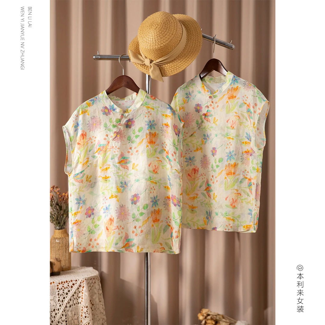 苎麻小衫文艺斜襟印花苎麻无袖上衣女夏薄款显瘦小衫6639夏季夏装