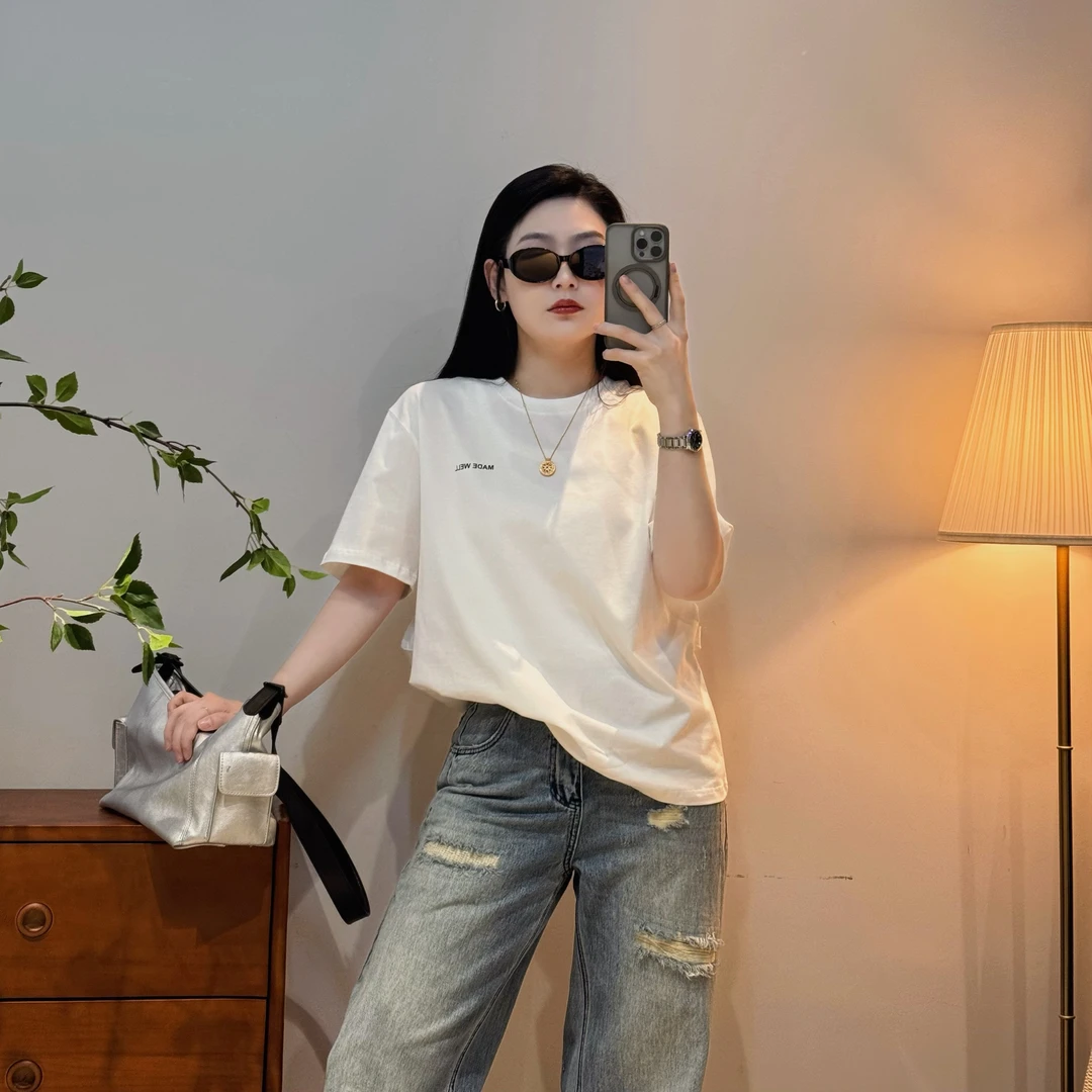 今婷时尚休闲百搭简约纯色字母刺绣圆领假两件短袖T恤-M25201301