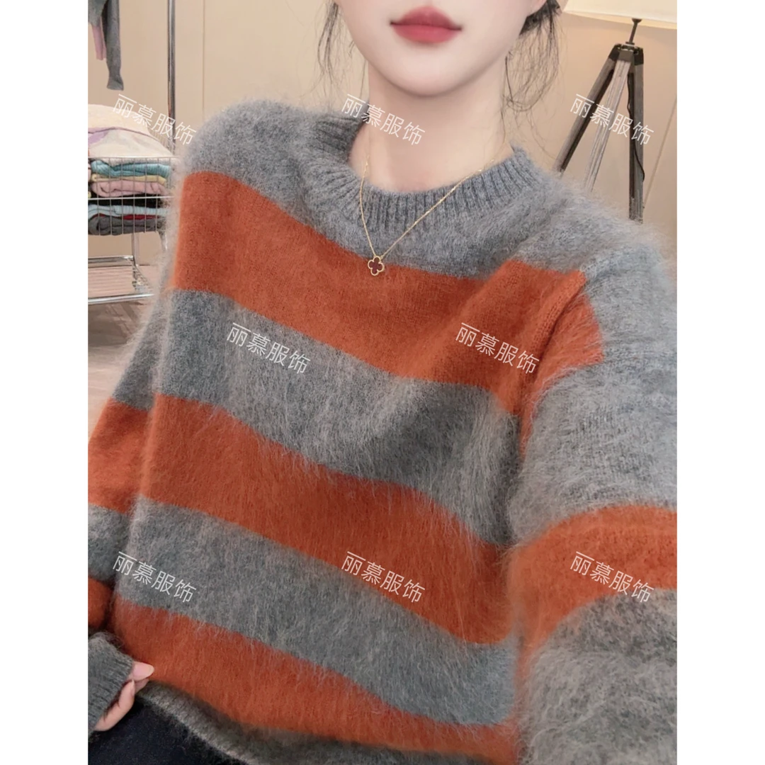【半橘灰调】慵懒风撞色条纹复古高级感软糯保暖针织毛衣2139