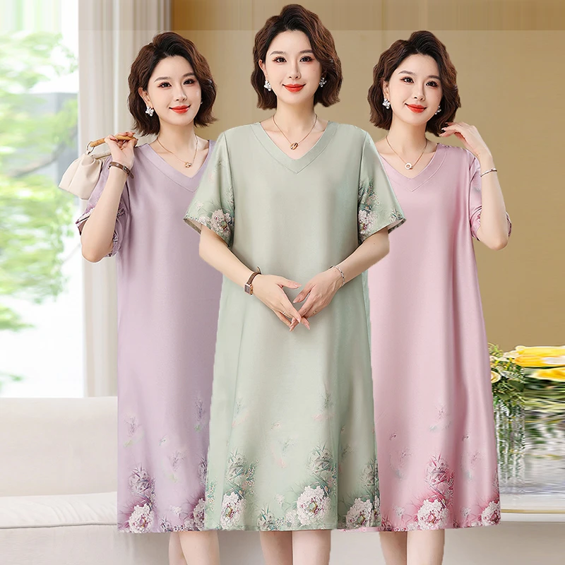 大码夏季新款妈妈薄款气质裙子女装中老年复古宽松显瘦遮肚连衣裙