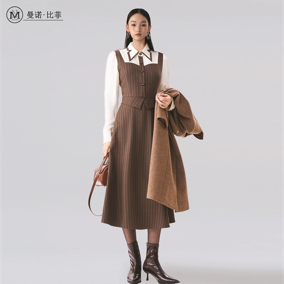 【粉丝专享】冬季法式优雅气质拼接长袖连衣裙MFEL142186