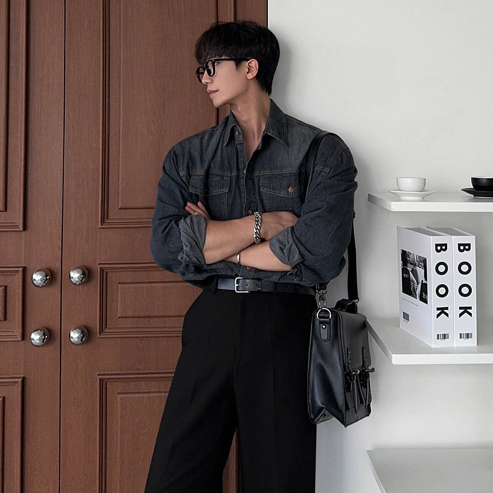 MRCYC痞帅牛仔衬衫外套男春季宽松休闲衬衣韩版潮流工装翻领夹克