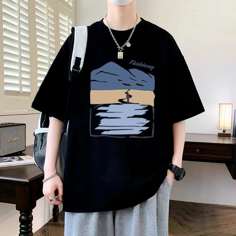 微胖男生宽松大码休闲运动上衣美式潮牌纯棉短袖t恤男装情侣半袖