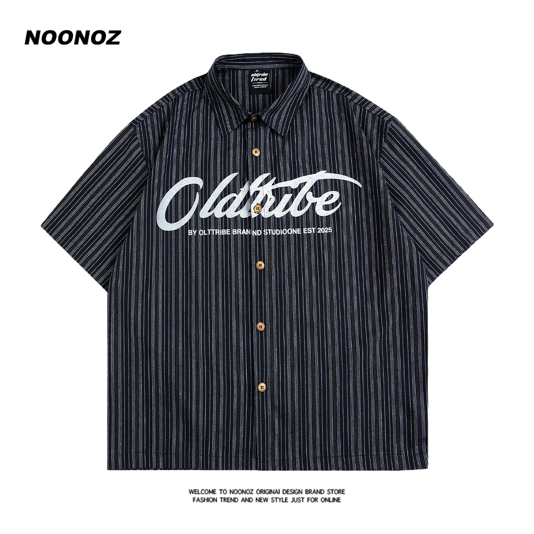 NOONOZ复古美式条纹字母短袖衬衫男女夏季百搭vintage休闲上衣