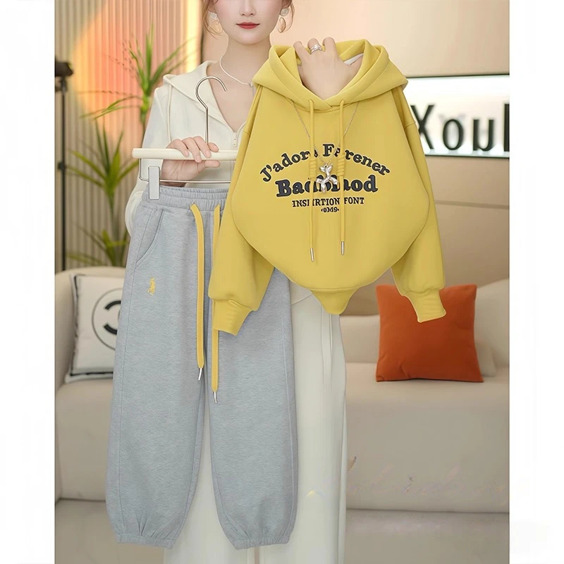 女童秋装刺绣字母卫衣套装2025新款春秋连帽外套上衣束脚卫裤洋气