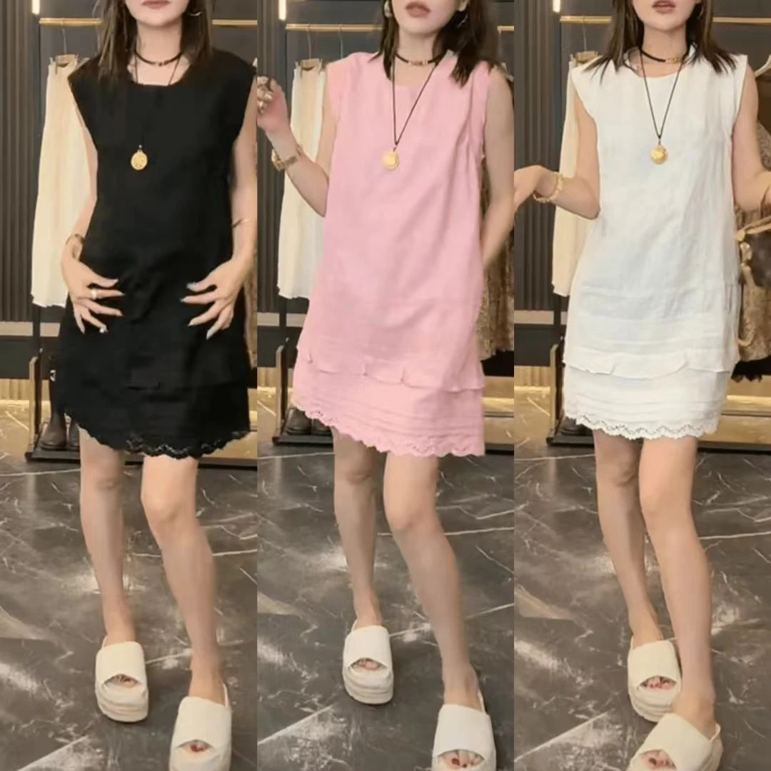 夏季新款时尚洋气蕾丝边气质棉麻蛋糕裙半边袖减龄显瘦连衣裙