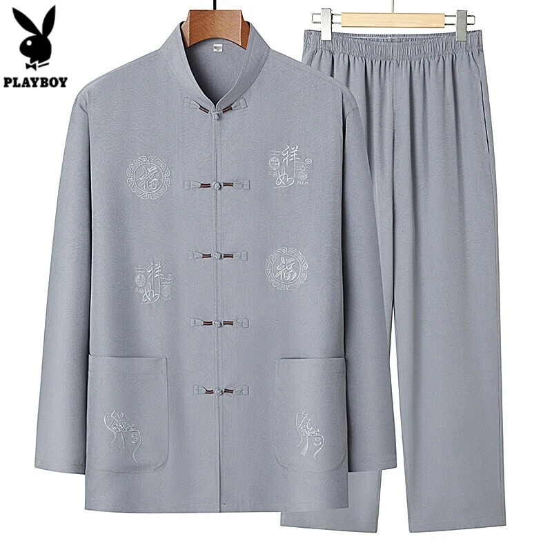 花花公子中老年立领唐装男中国风夏季薄款长袖老年人宽松夏装爸爸