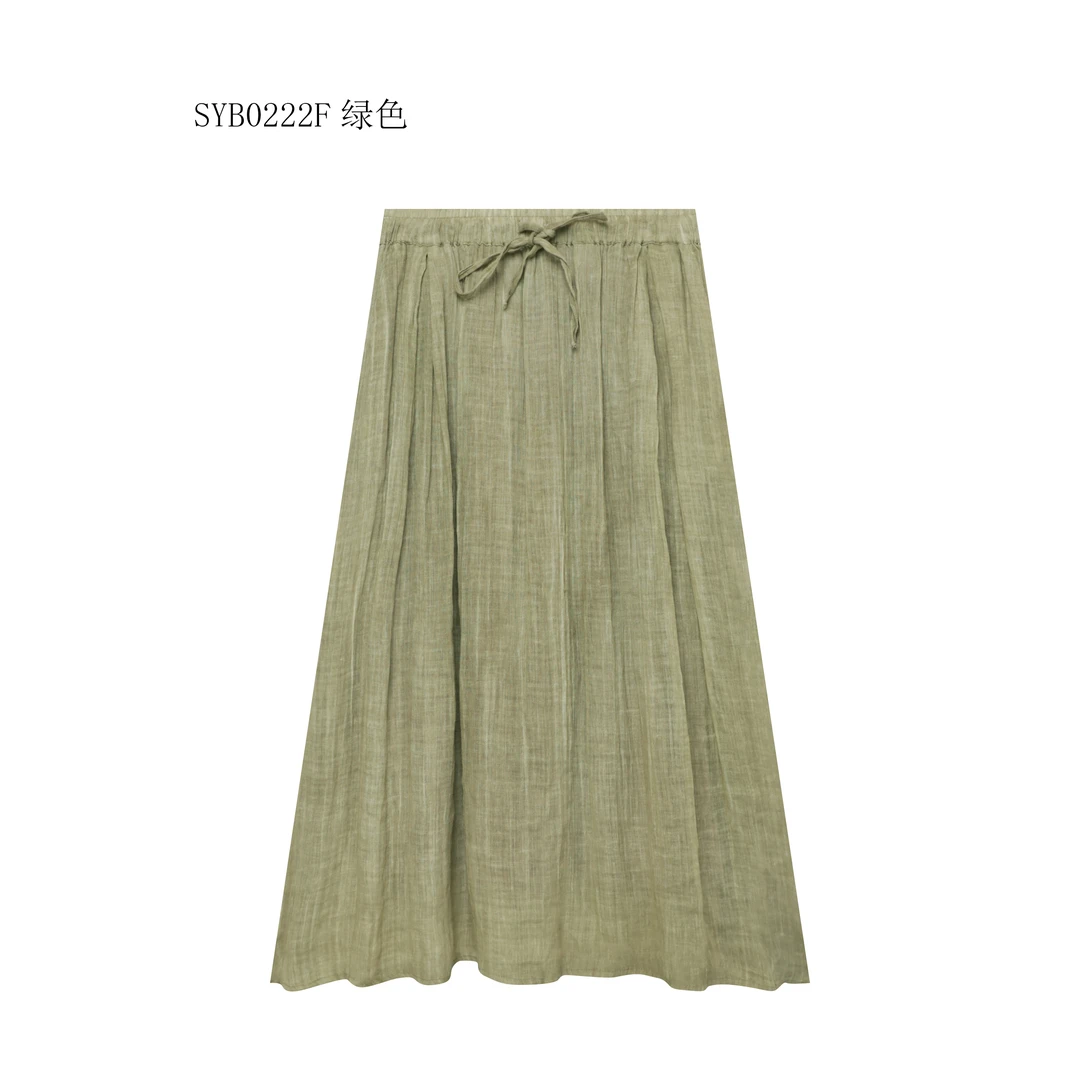 【麻訪家】SYB0222F绿色复古文艺气质休闲百搭半身裙