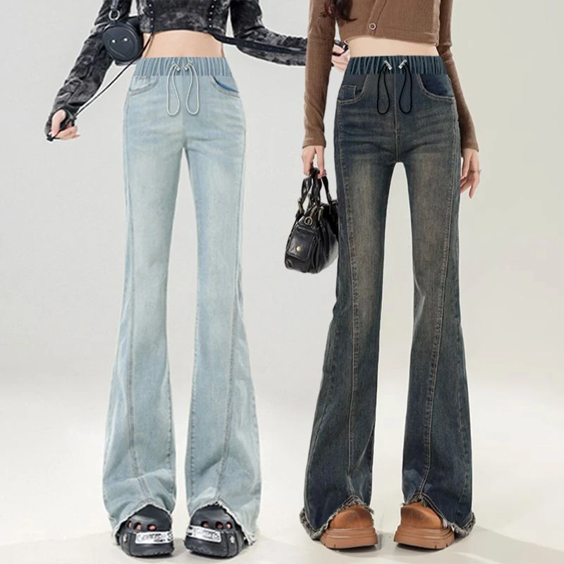 孕妇喇叭裤春夏季牛仔裤抽绳款弹力外穿孕妇裤春秋无托腹时尚潮妈