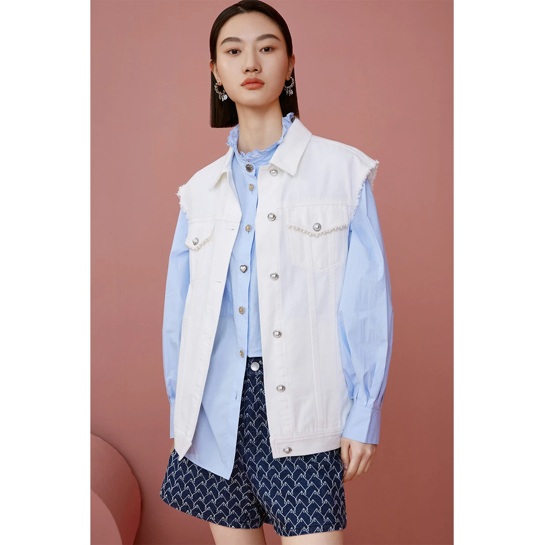 【曼德诗】牛仔马甲春季外套复古纯色时尚宽松简约工装风M418000722